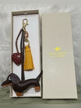 NWT Eye Candy Brown Dachshund Yellow Tassel & Strawberry Heart Accent Charm